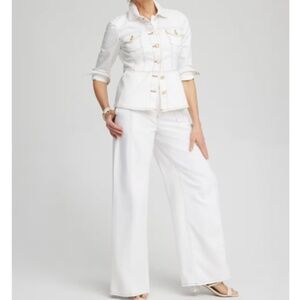 CHICO’S No Stain Peplum Denim Jacket & matching High Rise Palazzo Jeans NWT